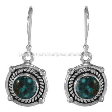 Natural Tibetan Turquoise Gemstone & 925 Sterling Silver Bali Design Earring for Ladies